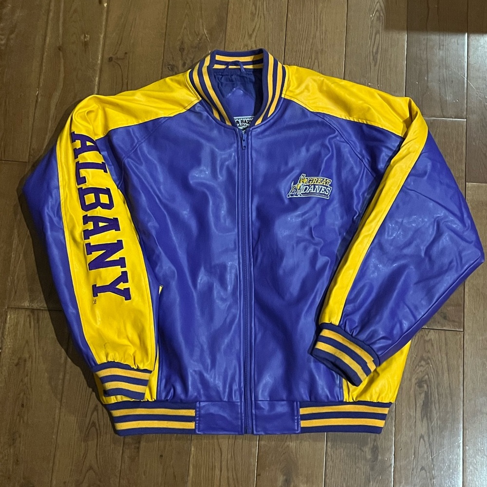 Rare vintage University of Albany Great Danes leather jacket